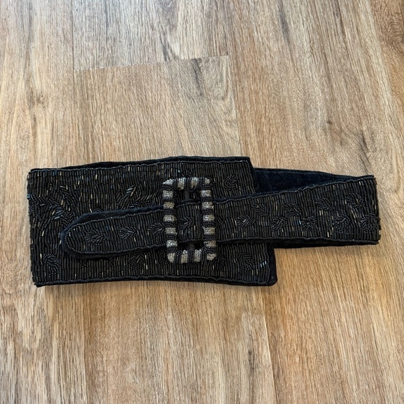 Vintage Black Glass Beaded Waist Belt Women’s Small Glam Boho Artsy 80s